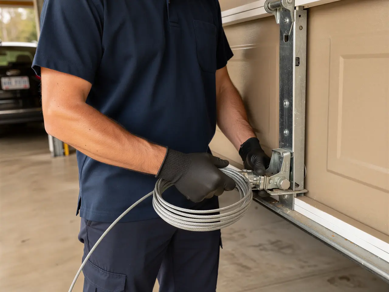 A technician in black gloves holds a coiled cable near a garage door.