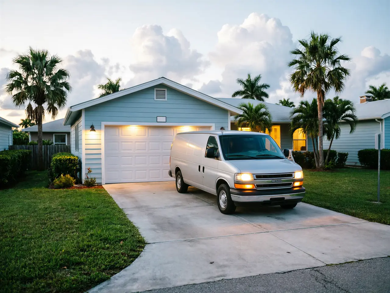 A white service van is parked in a driveway in front of a house with a white garage door.