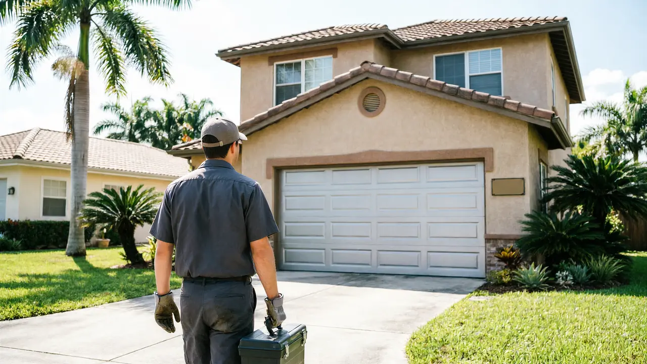 A technician with a toolbox walks toward a house with a closed garage door.