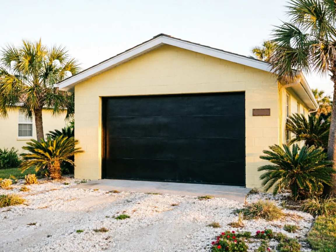 A light yellow house with a black garage door and palm trees in the yard.
