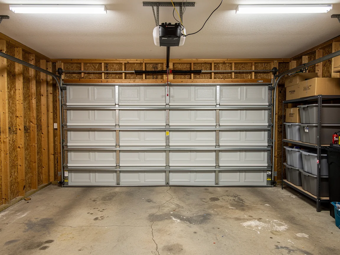 A white garage door is closed inside a garage with wooden walls and a concrete floor.