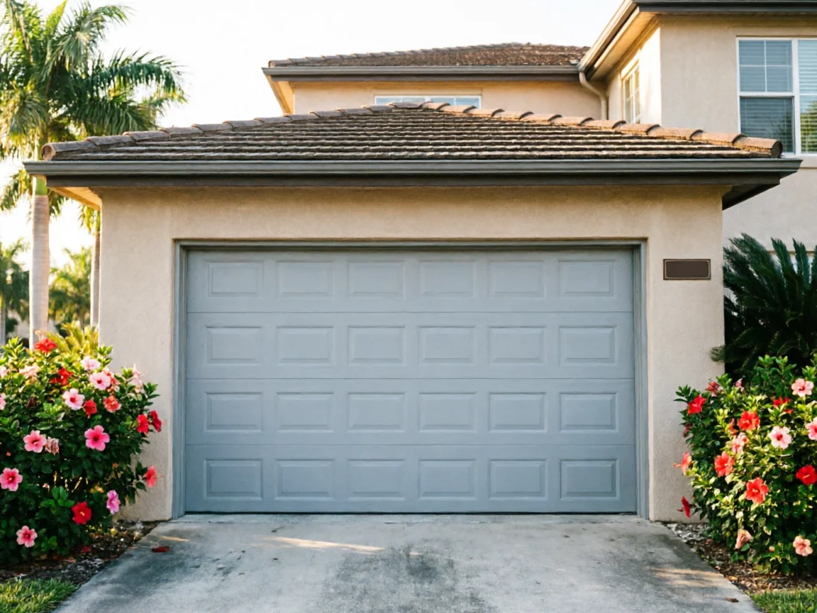 A light gray garage door is on a beige house with flowering bushes.